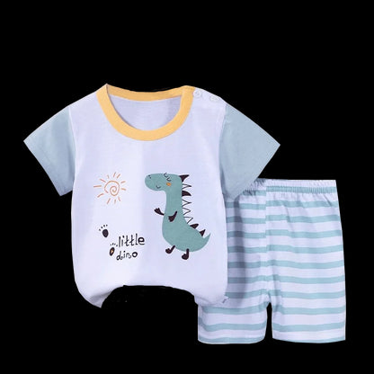 T-shirt+Shorts 2-Piece Clothing Set Pajamas Summer Kids Baby Boys Girls Cotton Casual Tracksuit Cartoon Dinosaur Clothes Suit