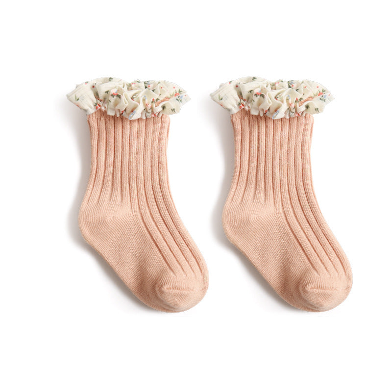 New Girls Socks Combed Cotton Korean Style Baby Socks Chiffon Floral Princess Lace Mid Tube Socks