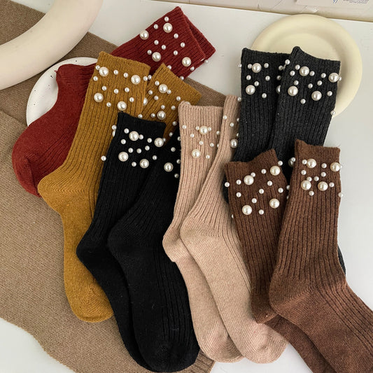 Personalized Korean style fashionable rivet bead pile socks autumn and winter thick warm rabbit wool mid tube socks for children