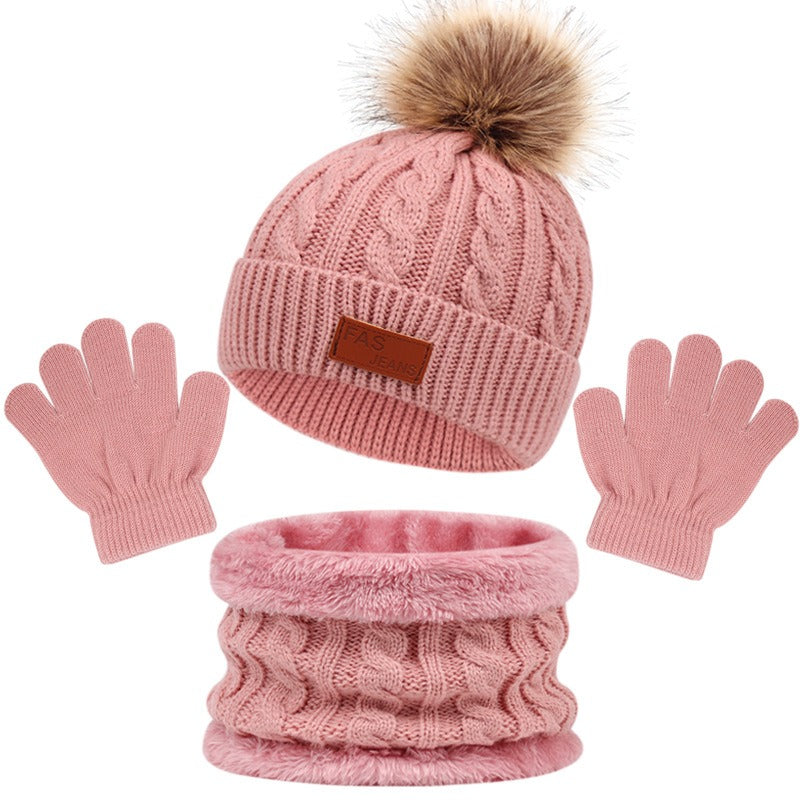 Children's hats, scarves, gloves, three piece set, autumn and winter new single ball baby hats