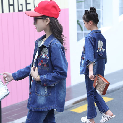 Children Girls Set Printing Denim Jacket Bell Bottoms Jeans Two-piece Boutique Teenage Kids Clothes 10 12 Year