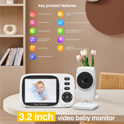 Video Baby Monitor 2.4G Wireless with 3.2 Inches LCD 2 Way Audio Talk Night Vision Surveillance Security Camera Babysitter