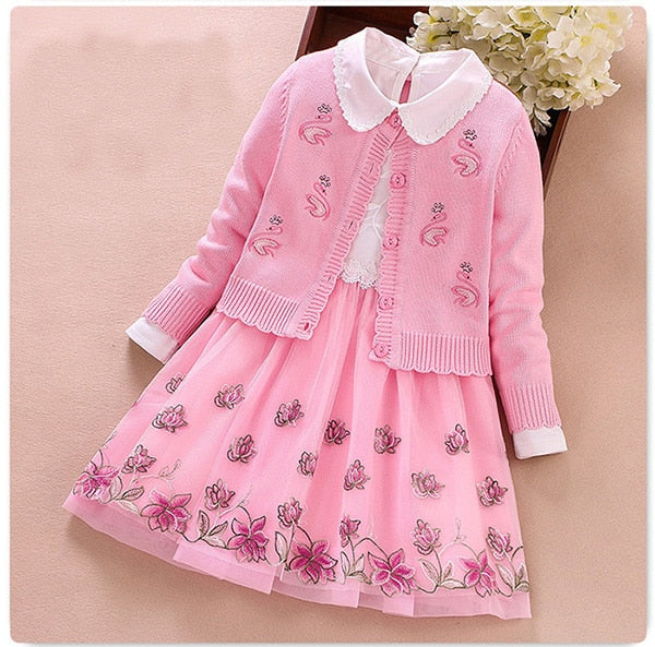 Elegant Girls clothing set new spring autumn Kids princess coat+dress 2Pcs suit for girl party children clothes