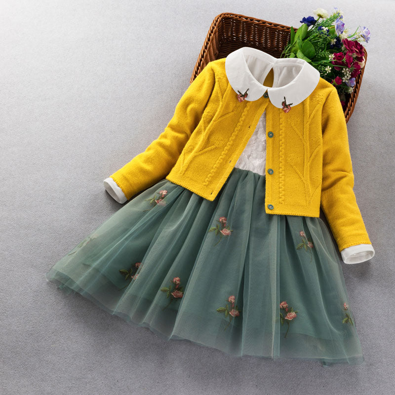 Elegant Girls clothing set new spring autumn Kids princess coat+dress 2Pcs suit for girl party children clothes