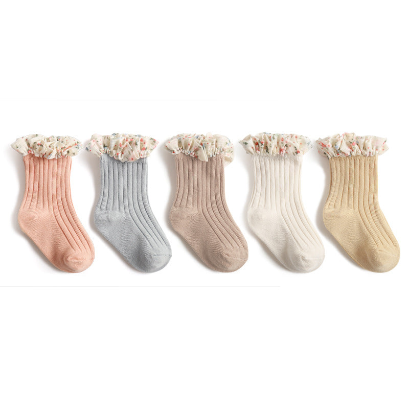 New Girls Socks Combed Cotton Korean Style Baby Socks Chiffon Floral Princess Lace Mid Tube Socks