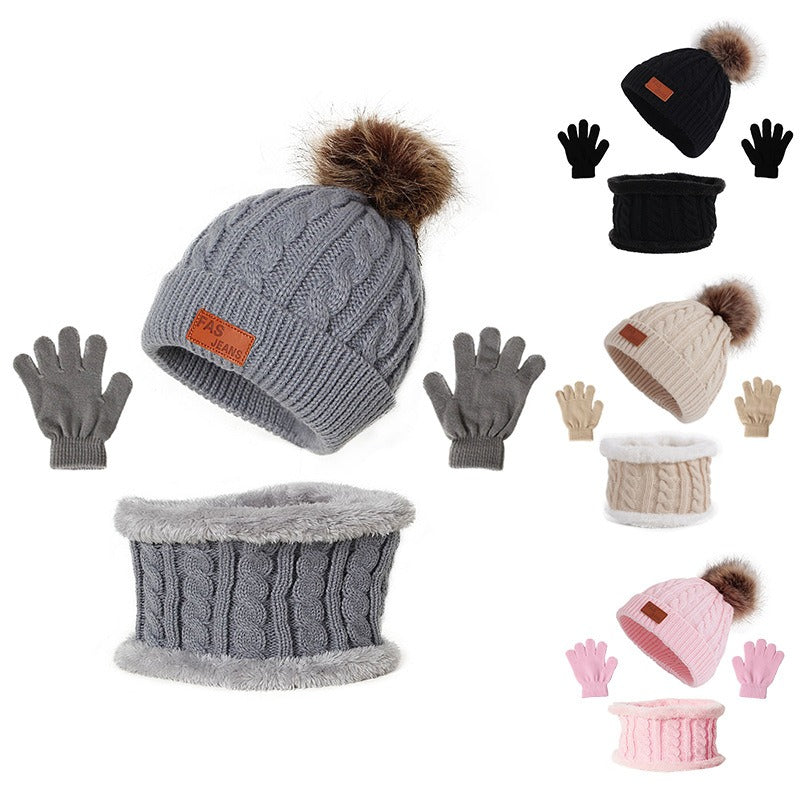 Children's hats, scarves, gloves, three piece set, autumn and winter new single ball baby hats