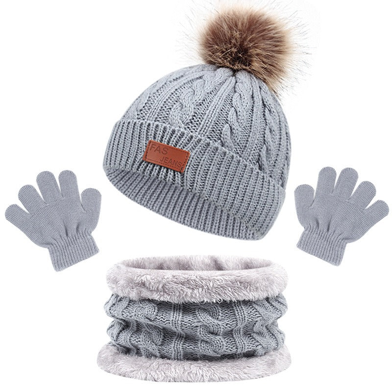 Children's hats, scarves, gloves, three piece set, autumn and winter new single ball baby hats