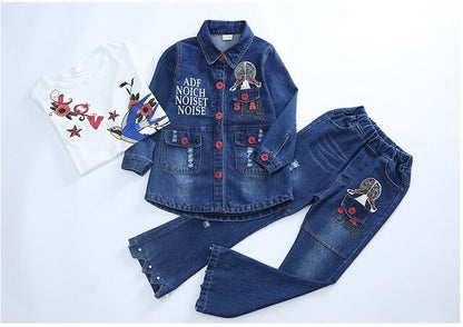 Children Girls Set Printing Denim Jacket Bell Bottoms Jeans Two-piece Boutique Teenage Kids Clothes 10 12 Year