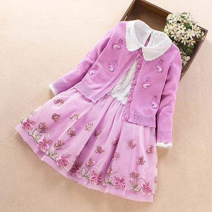 Elegant Girls clothing set new spring autumn Kids princess coat+dress 2Pcs suit for girl party children clothes