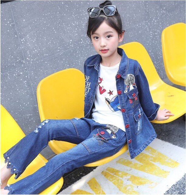 Children Girls Set Printing Denim Jacket Bell Bottoms Jeans Two-piece Boutique Teenage Kids Clothes 10 12 Year