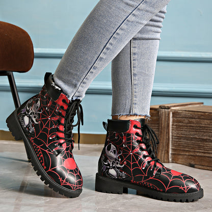 Printed short boots for women, round toe, thick heel, lace up, European and American Martin boots