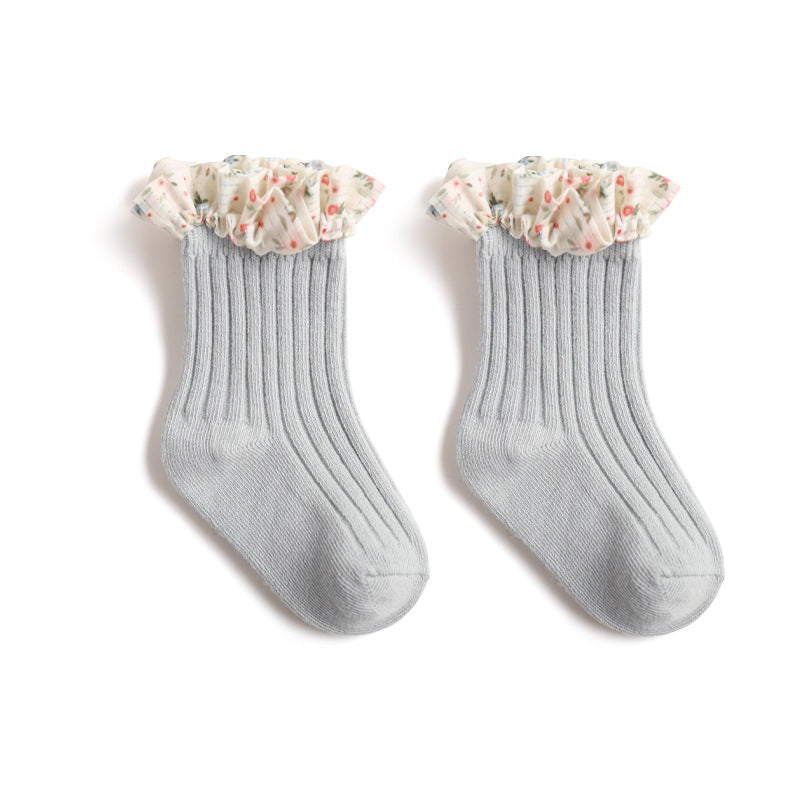 New Girls Socks Combed Cotton Korean Style Baby Socks Chiffon Floral Princess Lace Mid Tube Socks