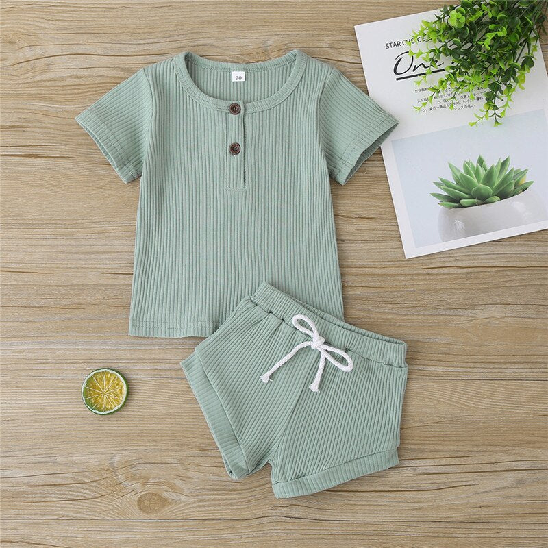 Toddler Baby Boys Girls Summer Clothes Newborn Ribbed Knitted Baby Button T-shirts Tops+Shorts Infant Clothing Outfits Sets