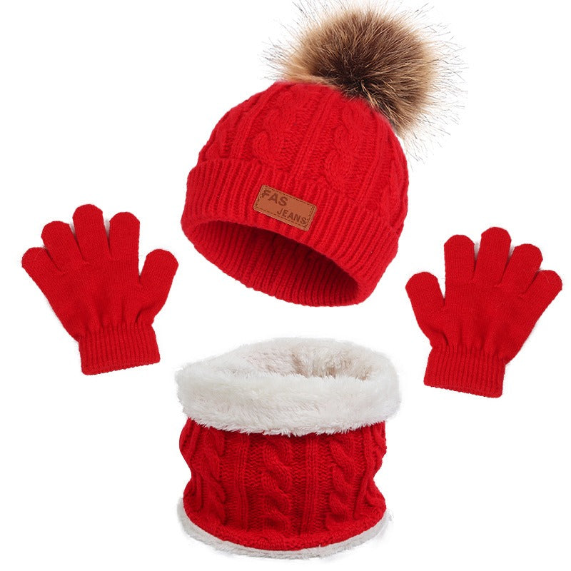 Children's hats, scarves, gloves, three piece set, autumn and winter new single ball baby hats