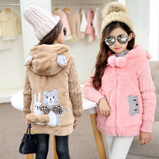 Lovely little bear Winter Girls clothing Faux Fur Fleece Coat Warm Jacket Xmas Snowsuit Outerwear Children kids Clothes parka