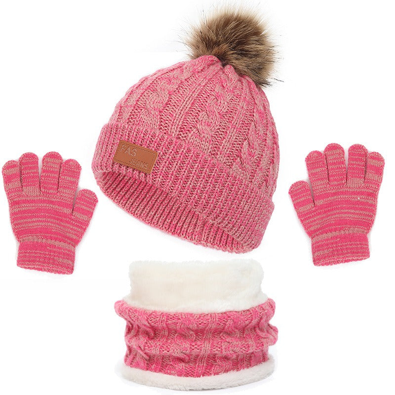 Children's hats, scarves, gloves, three piece set, autumn and winter new single ball baby hats