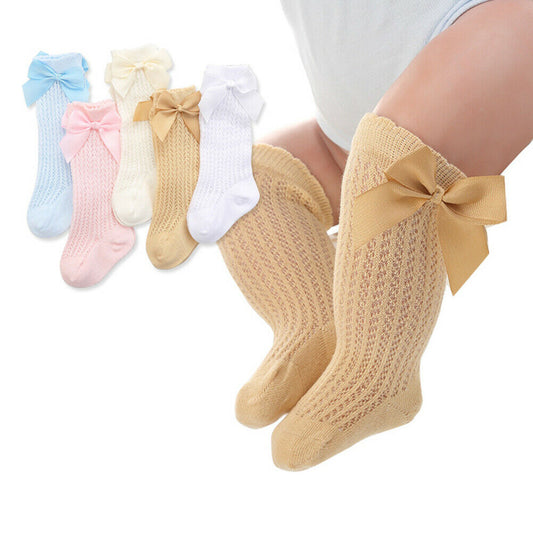 Baby Infants Kids Toddlers Girls Boys Knee High Socks Tights Leg Warmer Ribbon Bow Solid Cotton Stretch Cute Lovely 0-3Y