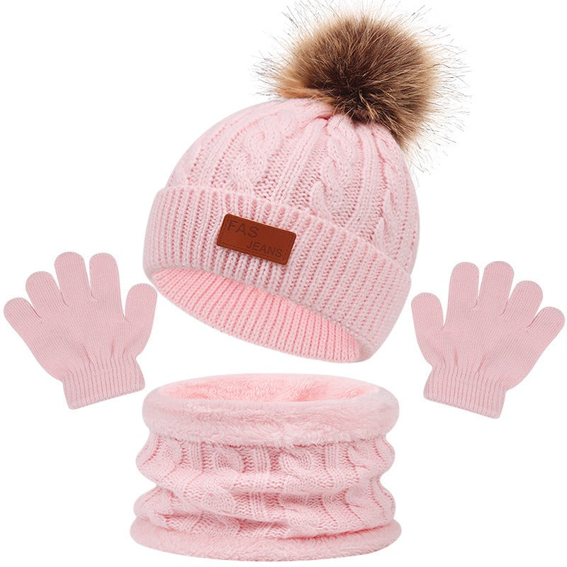 Children's hats, scarves, gloves, three piece set, autumn and winter new single ball baby hats