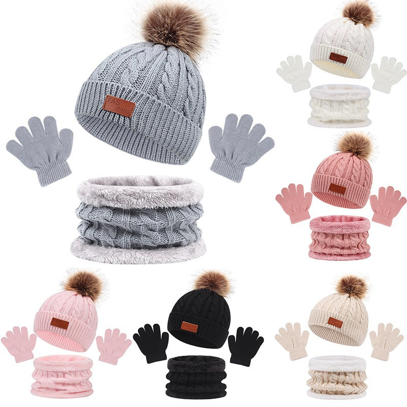 Children's hats, scarves, gloves, three piece set, autumn and winter new single ball baby hats