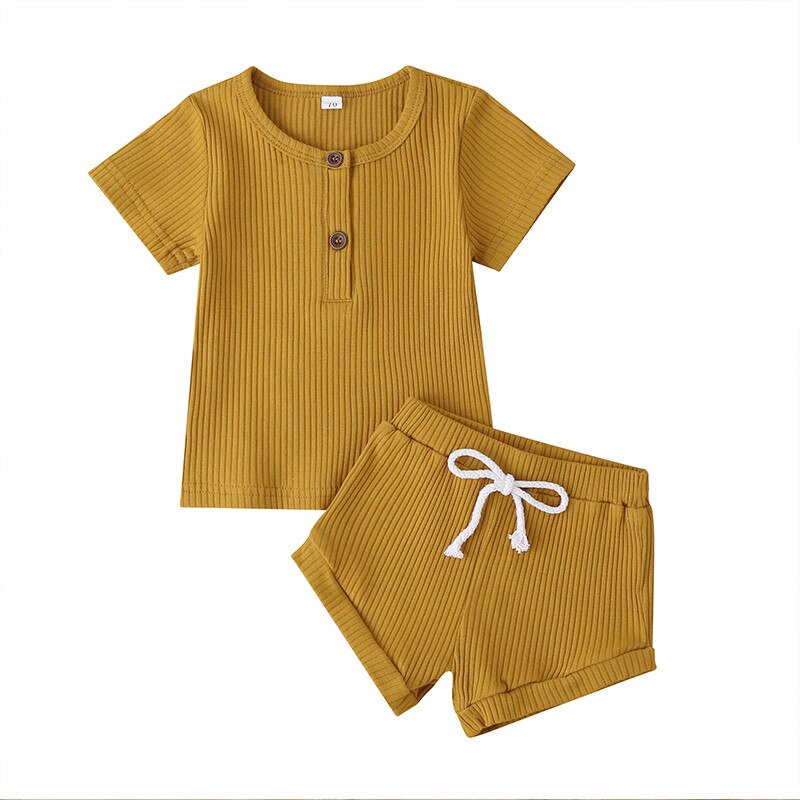 Toddler Baby Boys Girls Summer Clothes Newborn Ribbed Knitted Baby Button T-shirts Tops+Shorts Infant Clothing Outfits Sets