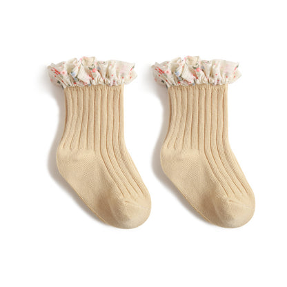 New Girls Socks Combed Cotton Korean Style Baby Socks Chiffon Floral Princess Lace Mid Tube Socks