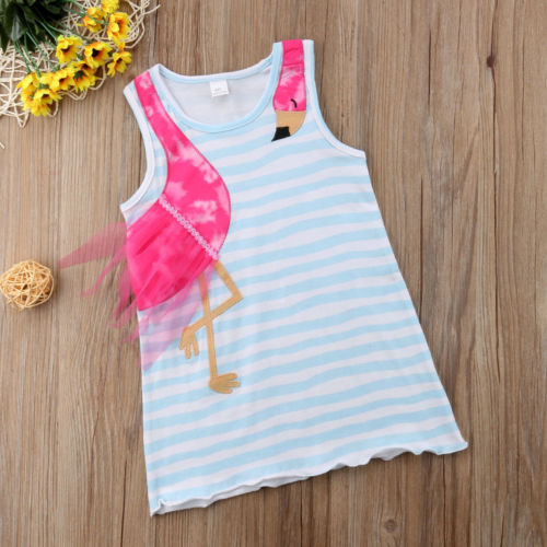 Summer Kids irls Dress Baby Girls Bird Cartoon Striped Party Pageant Toddler Fashion Holiday Beach Dress Children Clothes