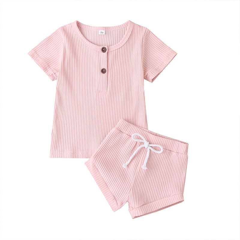 Toddler Baby Boys Girls Summer Clothes Newborn Ribbed Knitted Baby Button T-shirts Tops+Shorts Infant Clothing Outfits Sets