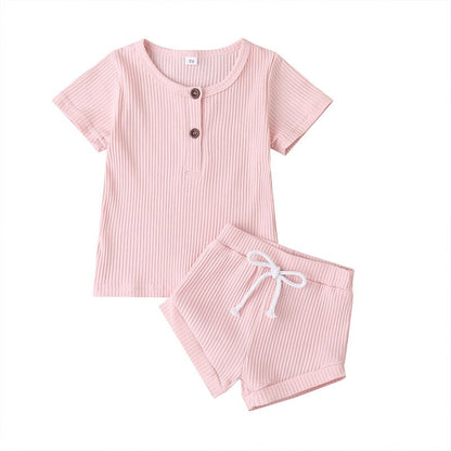 Toddler Baby Boys Girls Summer Clothes Newborn Ribbed Knitted Baby Button T-shirts Tops+Shorts Infant Clothing Outfits Sets