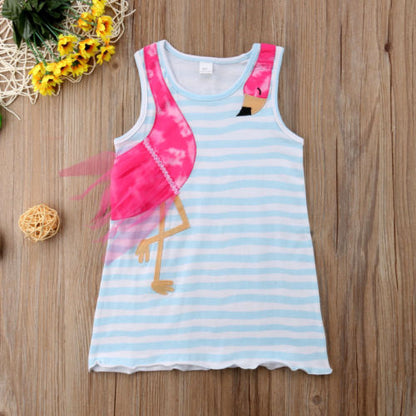 Summer Kids irls Dress Baby Girls Bird Cartoon Striped Party Pageant Toddler Fashion Holiday Beach Dress Children Clothes