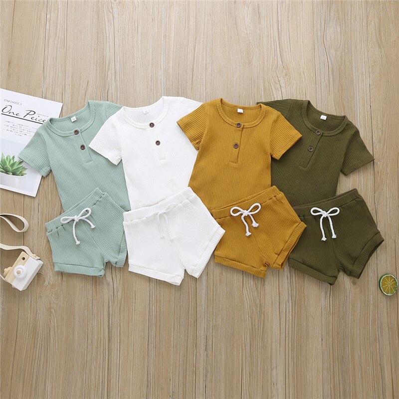 Toddler Baby Boys Girls Summer Clothes Newborn Ribbed Knitted Baby Button T-shirts Tops+Shorts Infant Clothing Outfits Sets