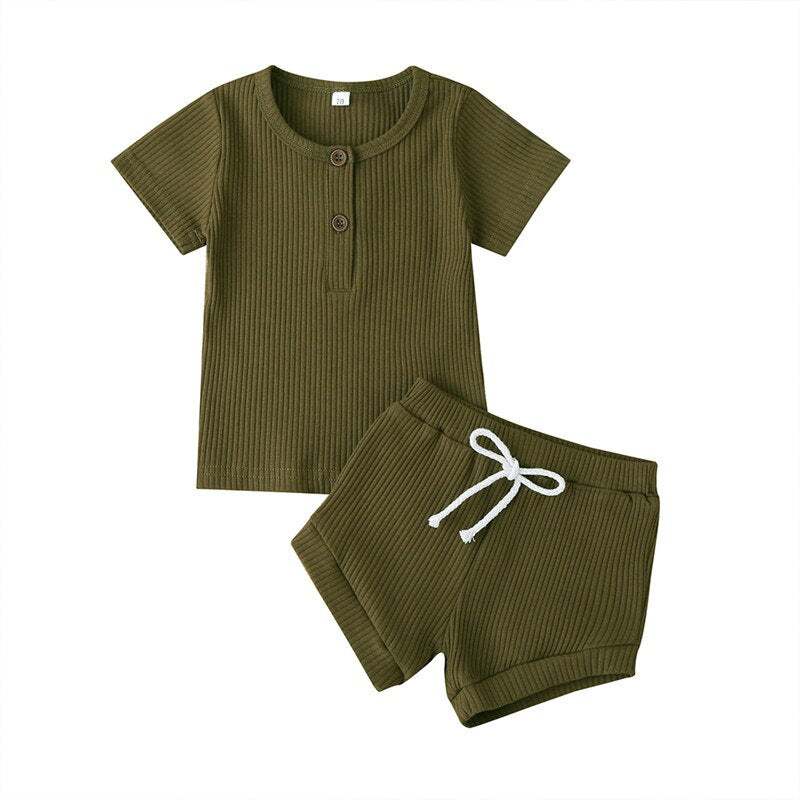 Toddler Baby Boys Girls Summer Clothes Newborn Ribbed Knitted Baby Button T-shirts Tops+Shorts Infant Clothing Outfits Sets