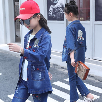 Children Girls Set Printing Denim Jacket Bell Bottoms Jeans Two-piece Boutique Teenage Kids Clothes 10 12 Year