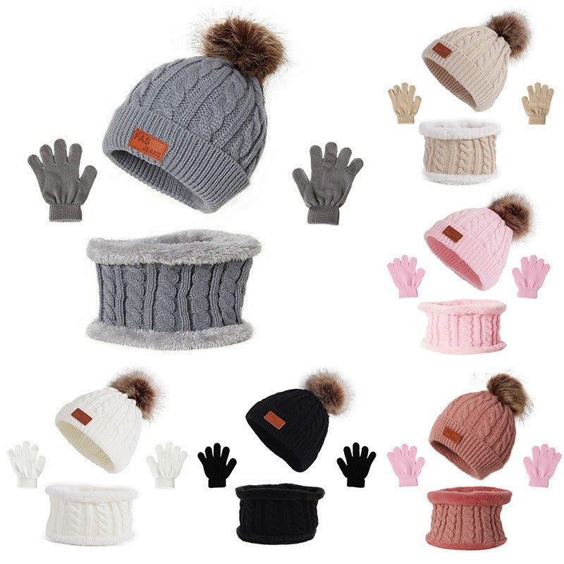 Children's hats, scarves, gloves, three piece set, autumn and winter new single ball baby hats