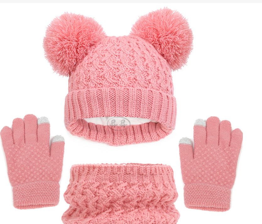 European and American children's hats, scarves, gloves, three piece set, autumn and winter plush and thickened double ball baby hats