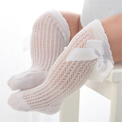 Baby Infants Kids Toddlers Girls Boys Knee High Socks Tights Leg Warmer Ribbon Bow Solid Cotton Stretch Cute Lovely 0-3Y