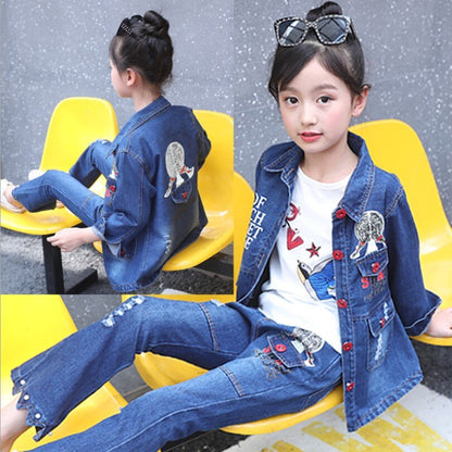 Children Girls Set Printing Denim Jacket Bell Bottoms Jeans Two-piece Boutique Teenage Kids Clothes 10 12 Year