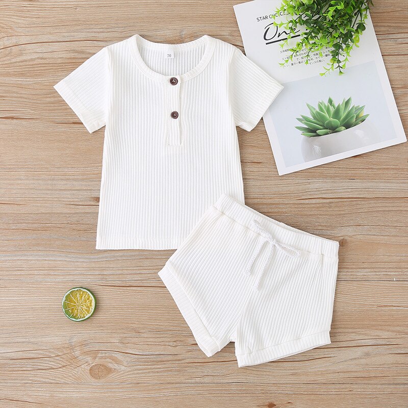 Toddler Baby Boys Girls Summer Clothes Newborn Ribbed Knitted Baby Button T-shirts Tops+Shorts Infant Clothing Outfits Sets