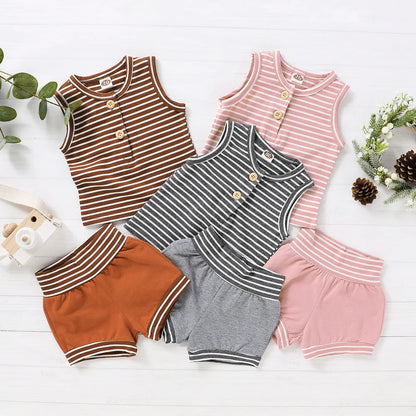 Summer Baby Shorts Set For Girls Boys Newborn Clothes 2Pcs Bottom Vest+Striped Shorts Sleeveless Toddler Boy Clothing Suit D30