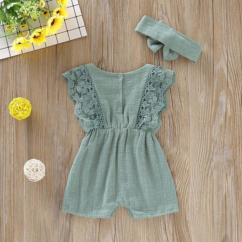 Summer Baby Girl Rompers Newborn Baby Clothes Toddler Flare Sleeve Solid Lace Design Romper Jumpsuit With Headband One-Pieces