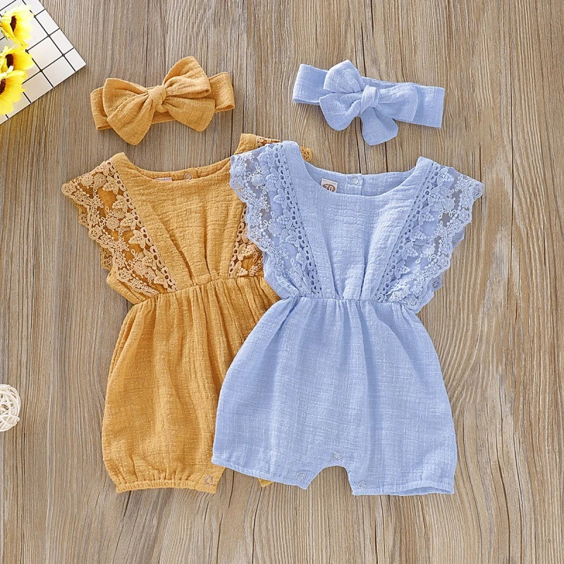 Summer Baby Girl Rompers Newborn Baby Clothes Toddler Flare Sleeve Solid Lace Design Romper Jumpsuit With Headband One-Pieces