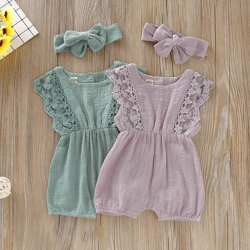 Summer Baby Girl Rompers Newborn Baby Clothes Toddler Flare Sleeve Solid Lace Design Romper Jumpsuit With Headband One-Pieces