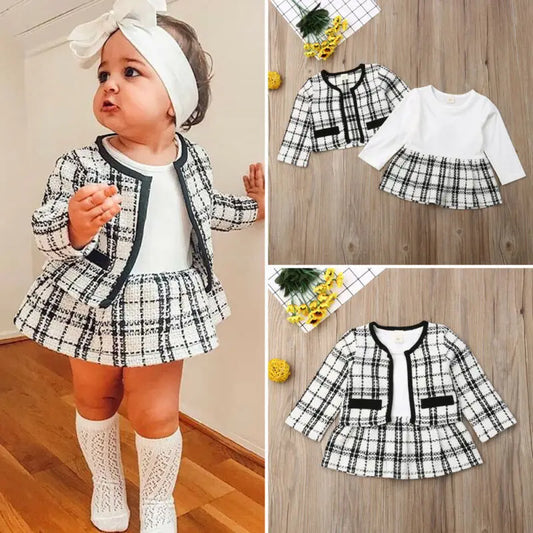 2Pcs Autumn Winter Party Kids Clothes For Baby Girl Fashion Pageant Plaid Coat Tutu Dress Outfits Suit Toddler Girl Clothing Set