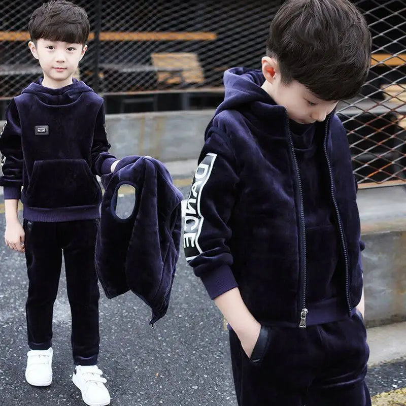 Brand Boys Warm Thicken Fleece Hoodies+Pants+Vest 3pcs Sets Girl Winter Sets Children Clothes Kids Casual Suits Christmas Outfit