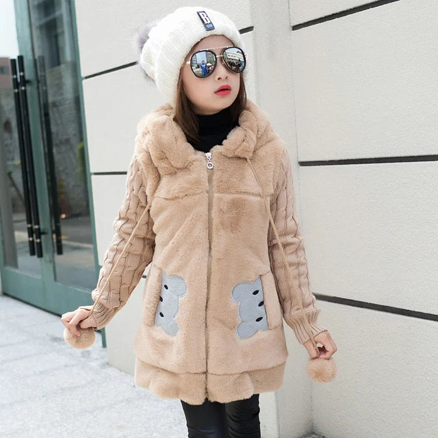 Lovely little bear Winter Girls clothing Faux Fur Fleece Coat Warm Jacket Xmas Snowsuit Outerwear Children kids Clothes parka