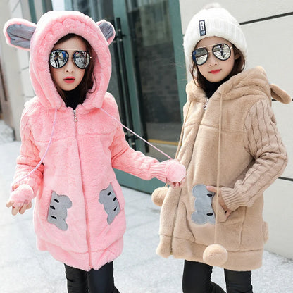 Lovely little bear Winter Girls clothing Faux Fur Fleece Coat Warm Jacket Xmas Snowsuit Outerwear Children kids Clothes parka