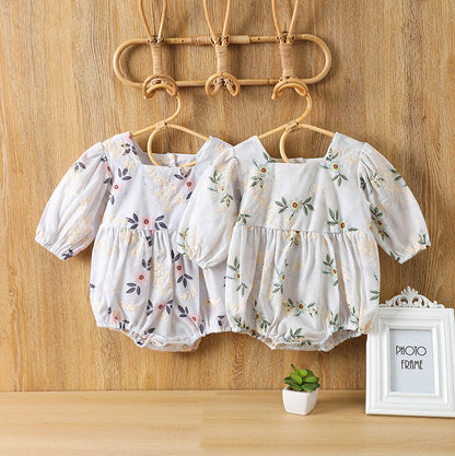 Baby Girl Floral Embroidered Pattern Square Collar Bodysuit