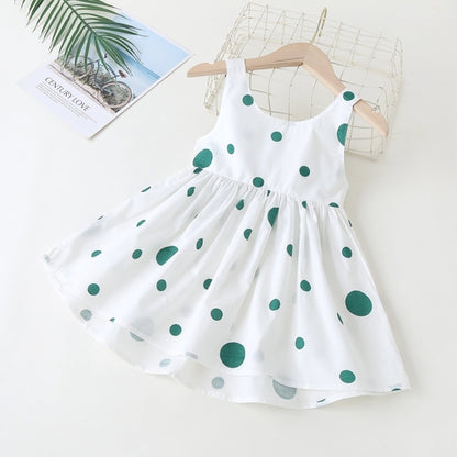 Baby Girls Polka Dot Pattern Sleeveless Round Collar Dress With Bow