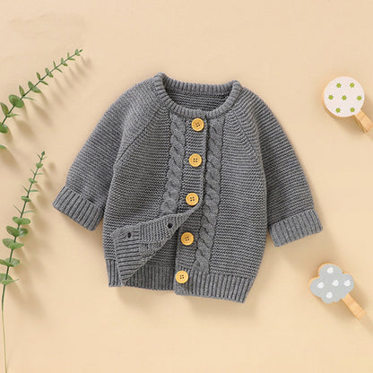 Baby Solid Color Long Sleeve Handmade Knitted Cardigan