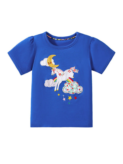 Kids’ Unicorn Cartoon Pattern Short Sleeves T-shirt in European and