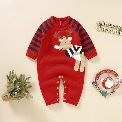 Baby Cartoon Elk Graphic Side Striped Sleeve Knitted Romper